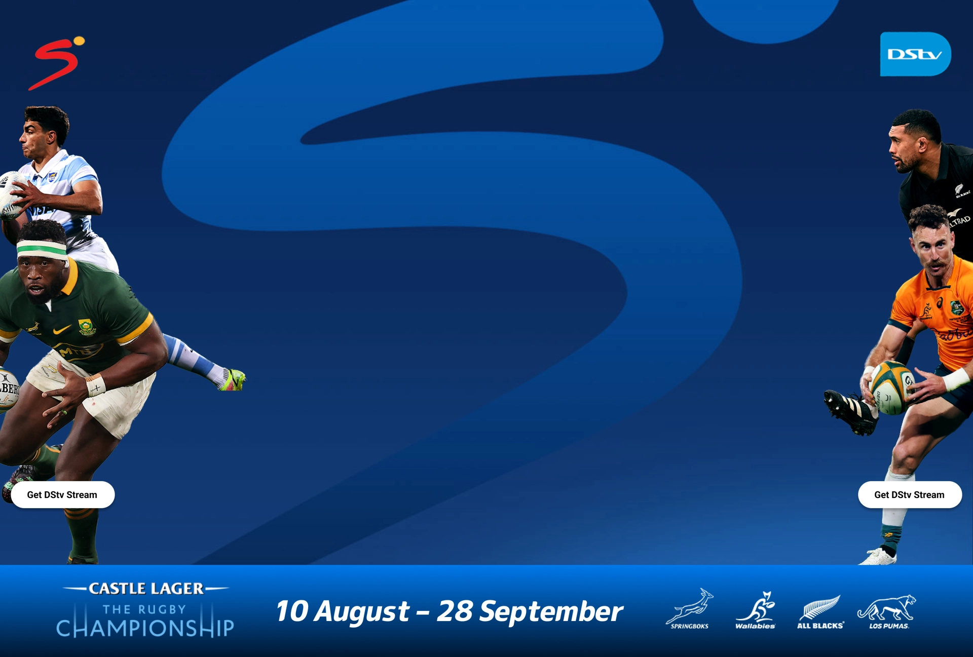 Background banner inviting users to watch the Rugby Championship 2024 on DStV. From 10 August to 28 September.