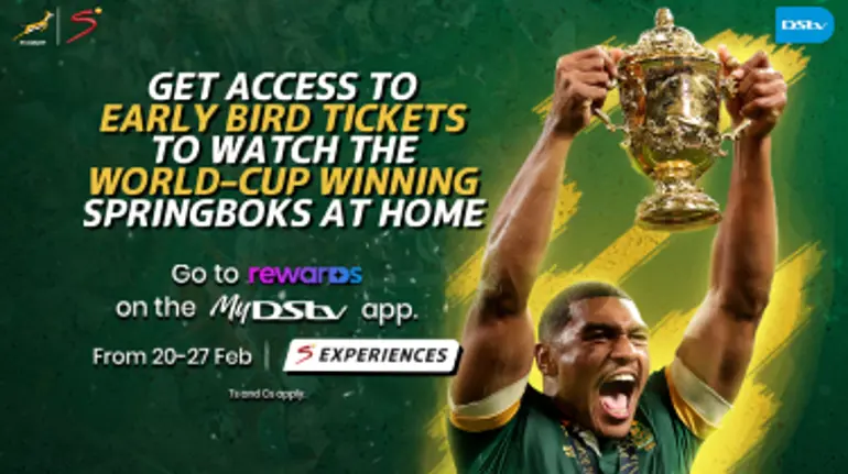 SuperSport Experiences banner inviting the user to access the rewards page, the banner contains sports imagery inviting users to download or open the app and purchase tickets.