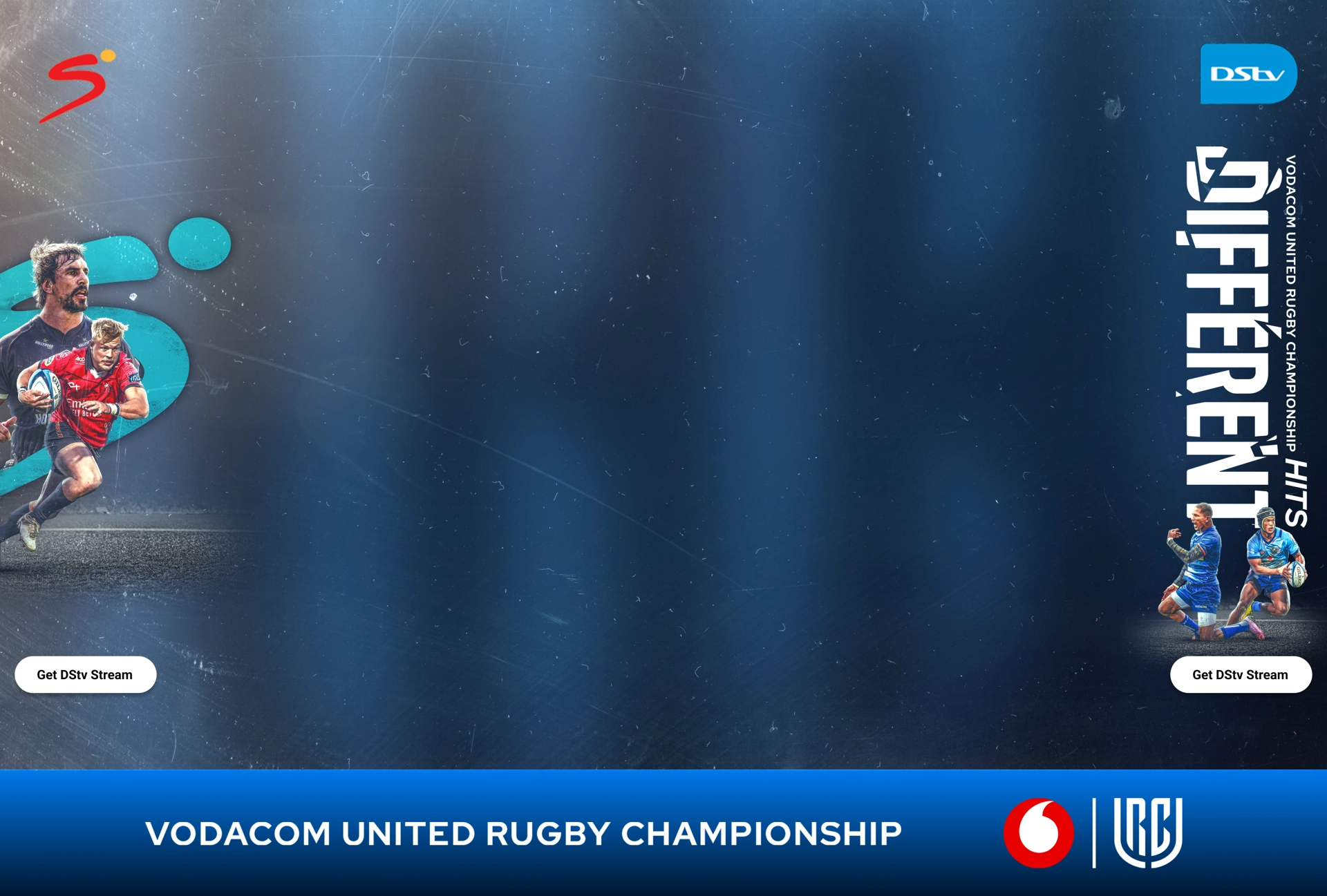 Background banner inviting users to watch the Vodacom United Rugby Championship on DStV.