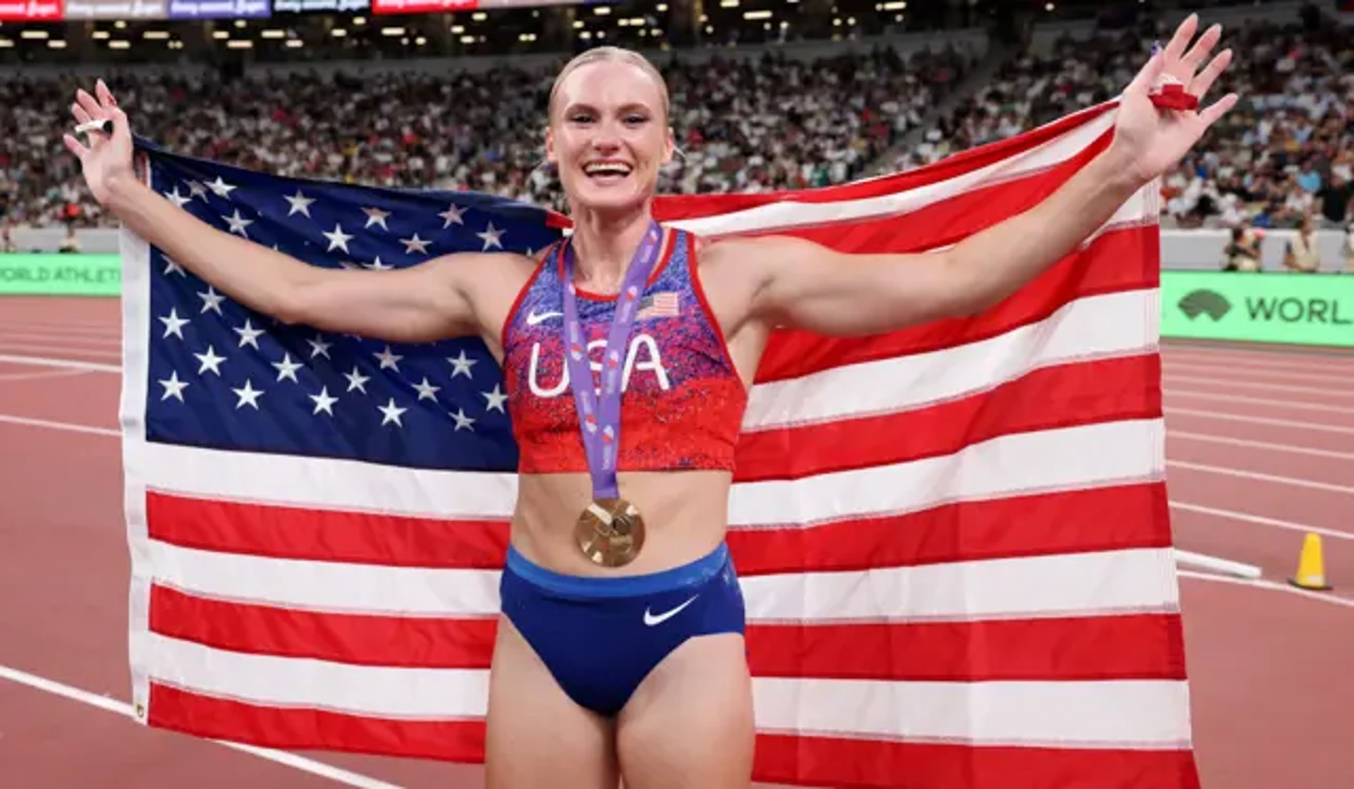 OVER THE MOON: Third straight world pole vault gold for US star
