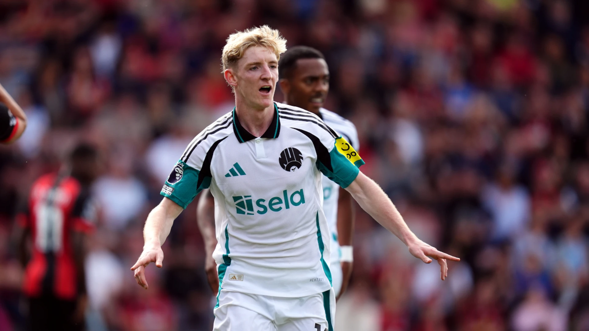 Anthony Gordon celebrates scoring against Bournemouth.