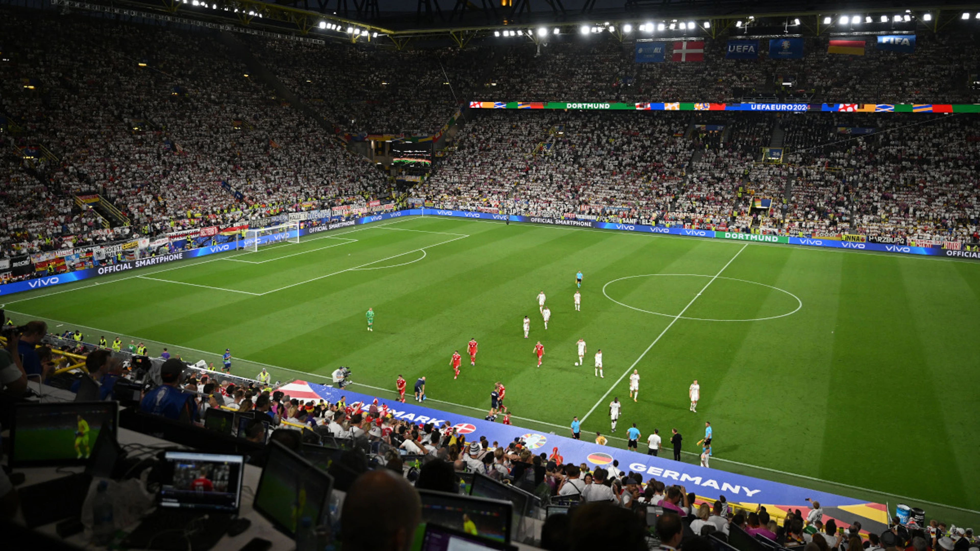 Germany v Denmark Euro 2024 game restarts after storm interruption