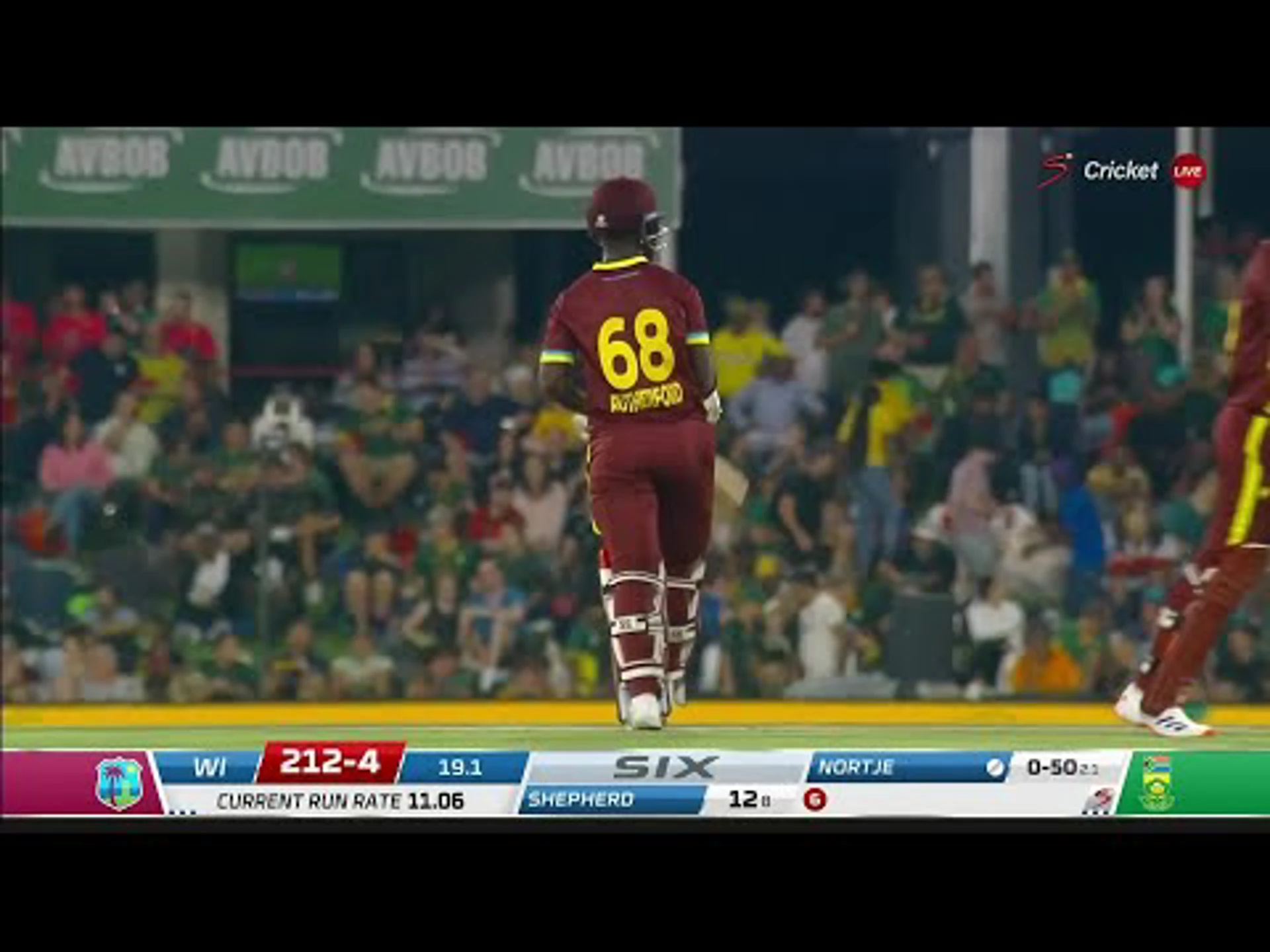 South Africa v West Indies | 2nd T20 | 1st innings | Sherfane Rutherford 57