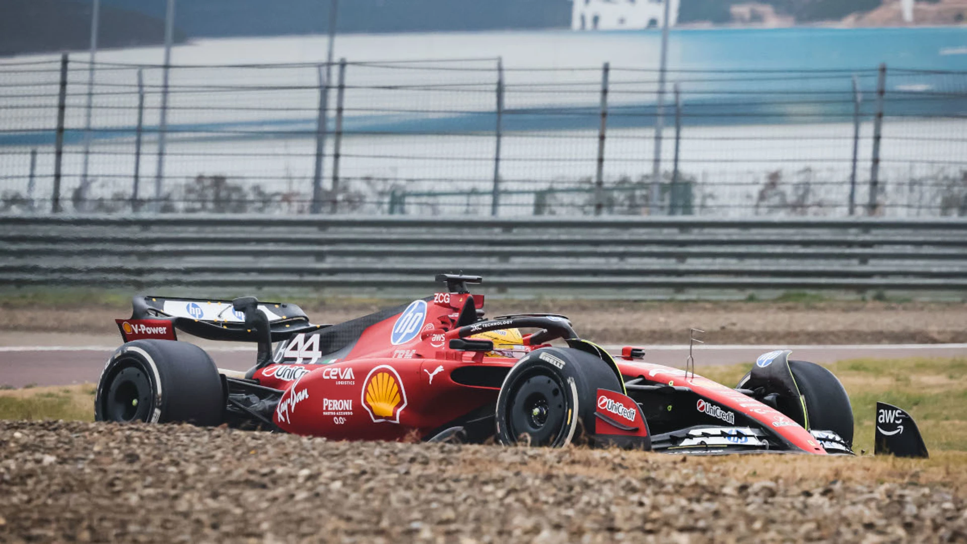 Hamilton crashes 2023 Ferrari at Barcelona track